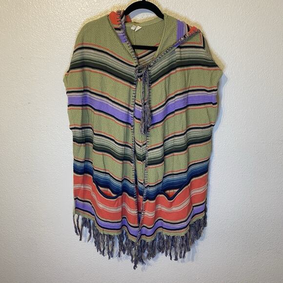 Anthropologie Moth Calexico Multicolor Striped Hooded Boho Fringe Poncho XS/S - Picture 2 of 11